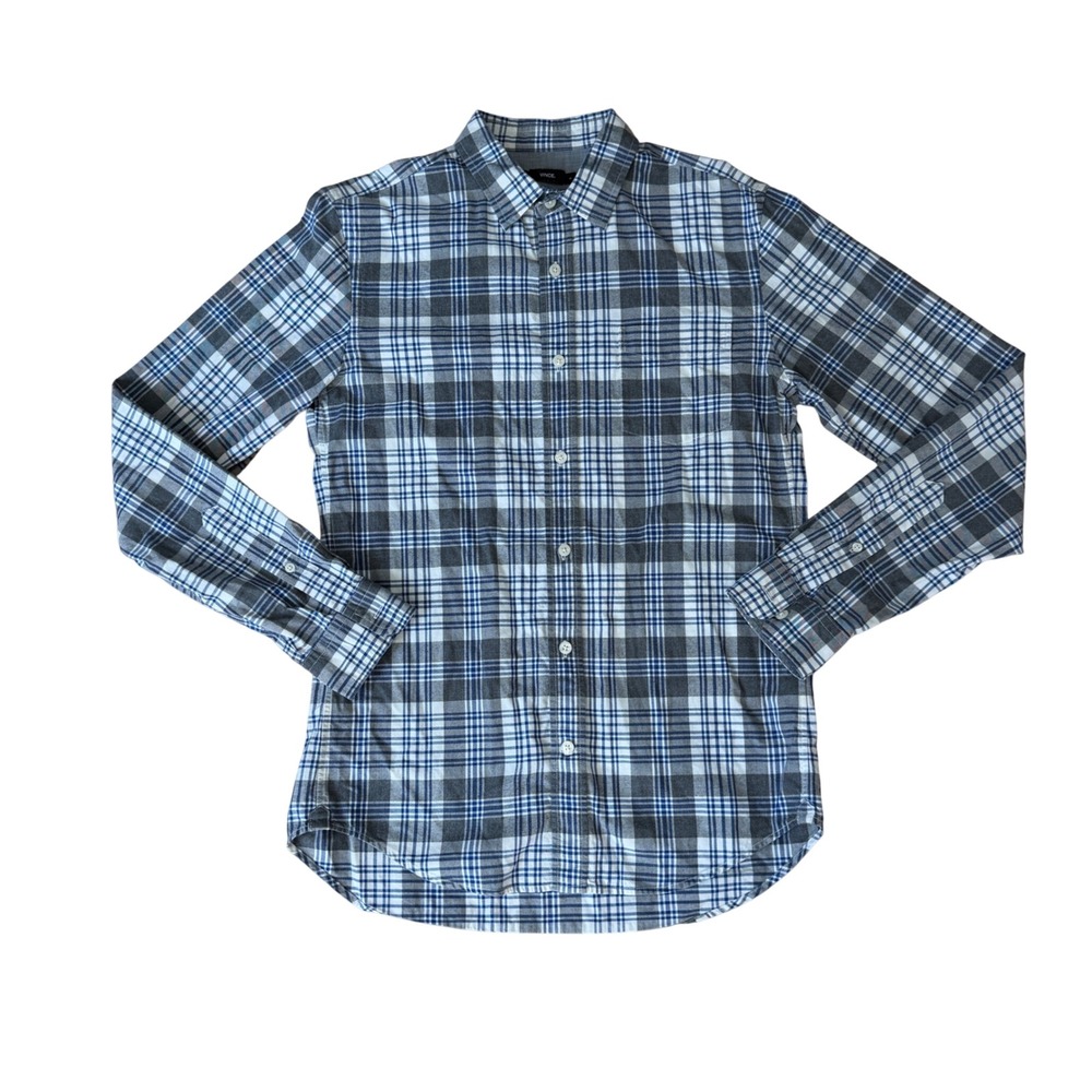 Vince Mens Small Blue Grey White Plaid Button Down Shirt Long Sleeve Office